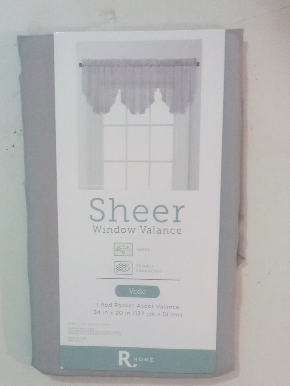 R Home Sheer Window Valance - Gray NWT $25 Rod Pocket